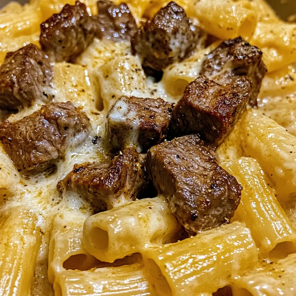 Cajun Steak Tips in Cheesy Rigatoni Parmesan Sauce