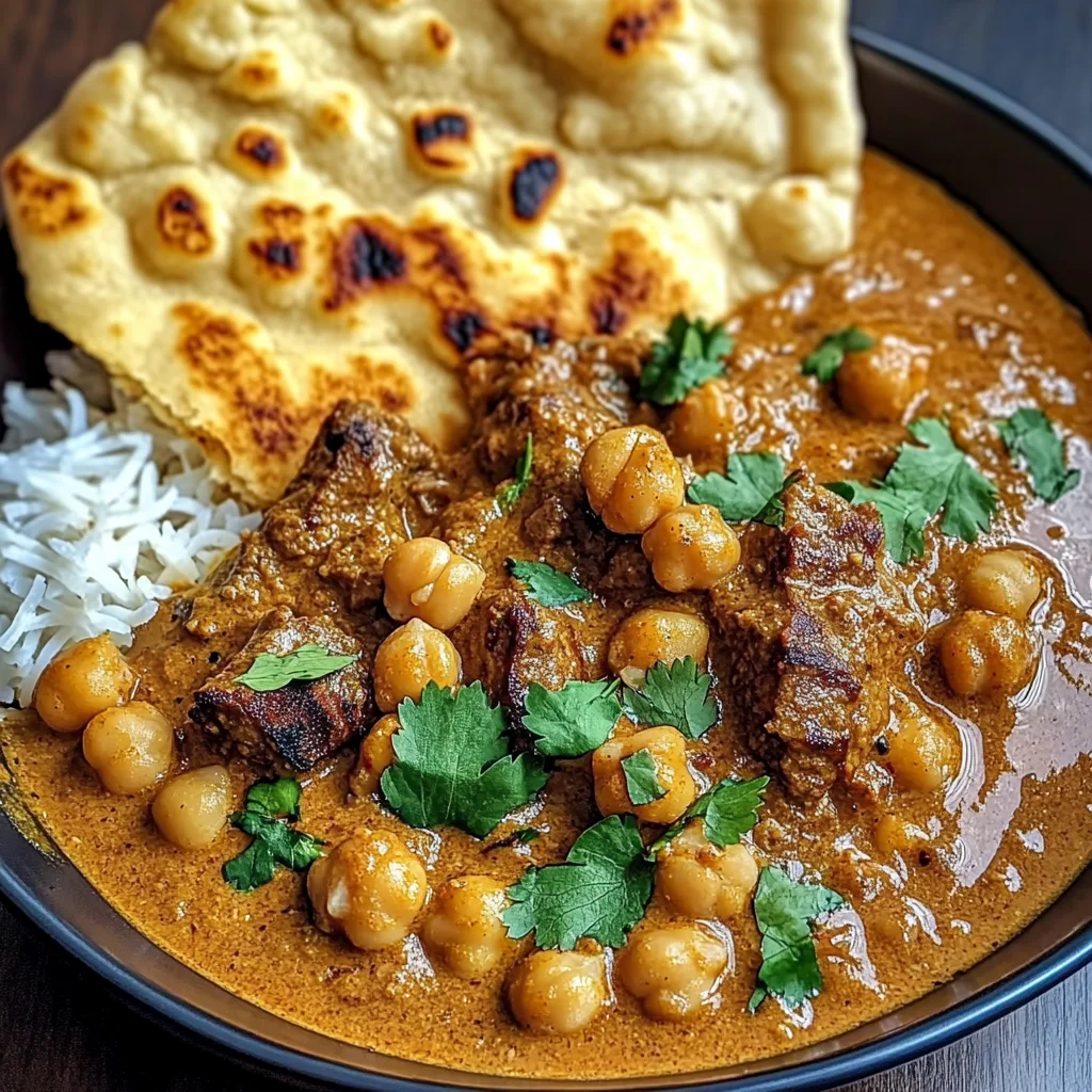 Creamy Coconut Beef & Chickpea Curry with Freshly Baked Garlic Naan